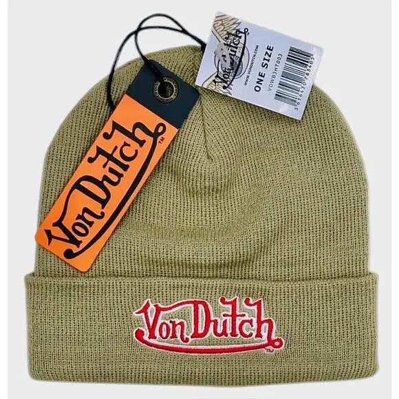 Von Dutch Embroidered Taupe Khaki Skull Beanie - Picture 1 of 6